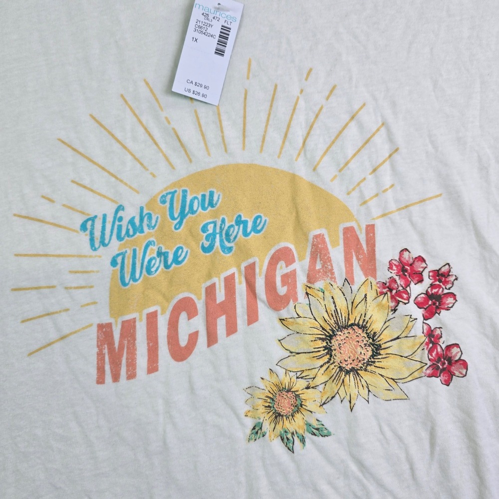 Maurices Graphic Tee Women 1X Cream Wish You Were Here Michigan Sunflower Gift - Picture 2 of 7